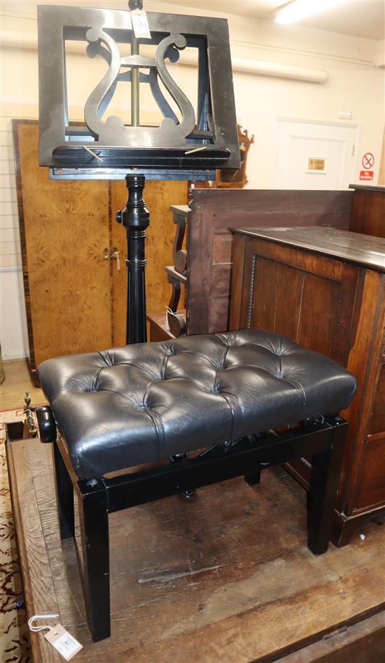 A Victorian ebonised duet music stand and an adjustable piano stool